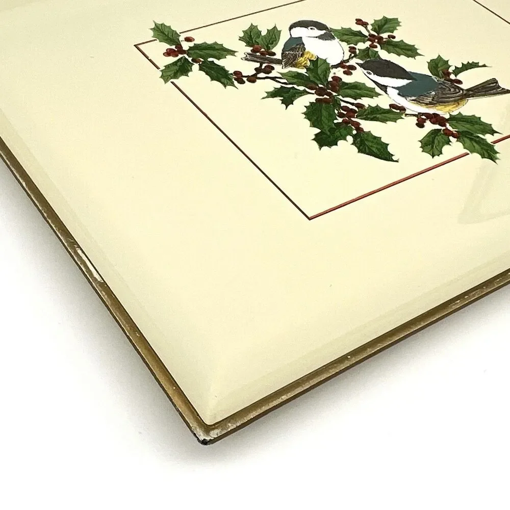 VTG Otagiri Japan Chickadees Lacquerware Serving Tray Holly Bird Christmas Plate